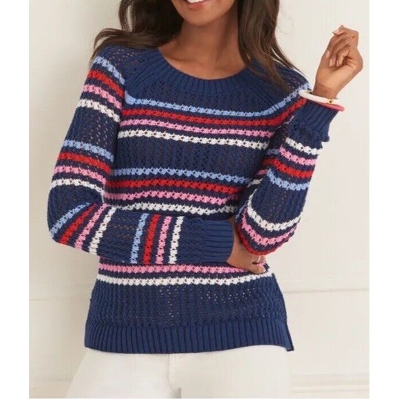 TALBOTS OPEN STITCH SWEATER - HAPPY STRIPE COTTON CREW NECK SIZE XL (16/18) NWT - Picture 3 of 14
